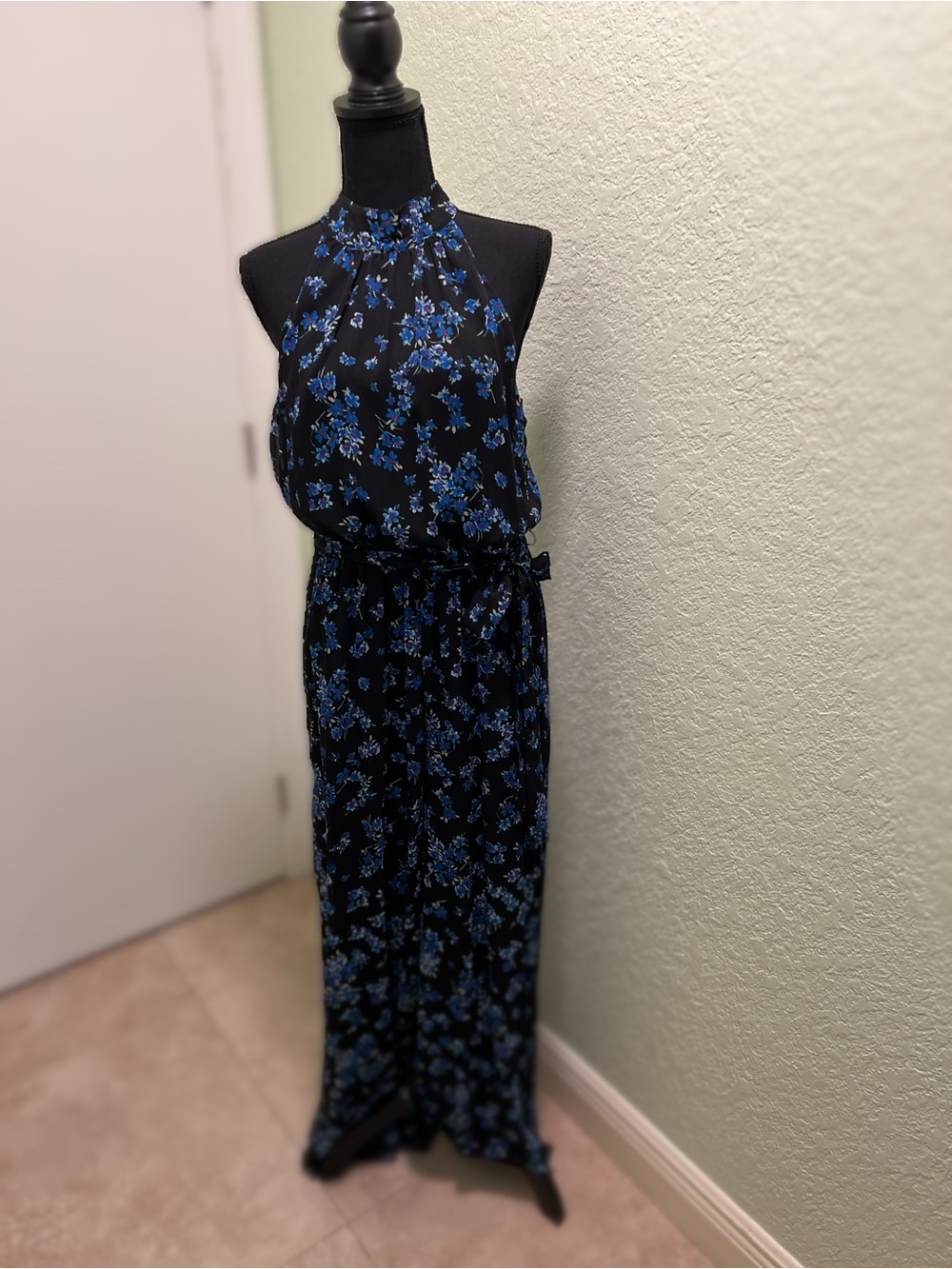 Calvin Klein Black Maxi Jumpsuit with Blue Floral Print